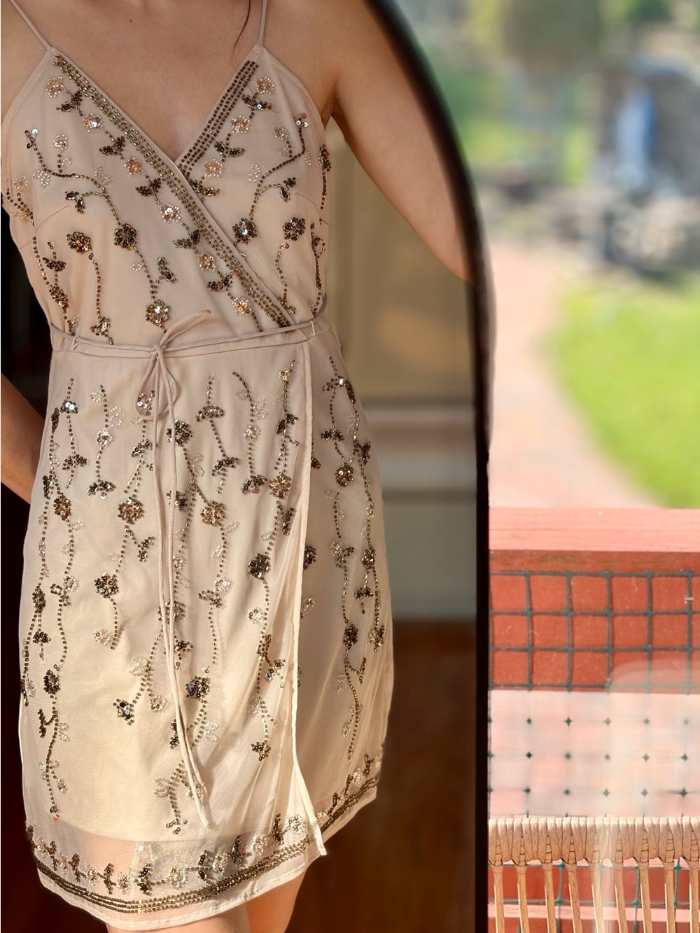 Altar’d State Beaded Wrap Dress in Champagne
